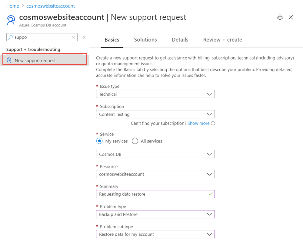 Screenshot des Erstellens einer Supportanfrage für Sicherungen mithilfe des Azure-Portals.