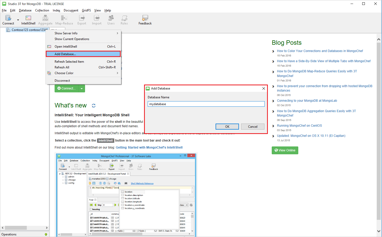 Screenshot der Studio 3T-Option „Add Database“ (Datenbank hinzufügen)