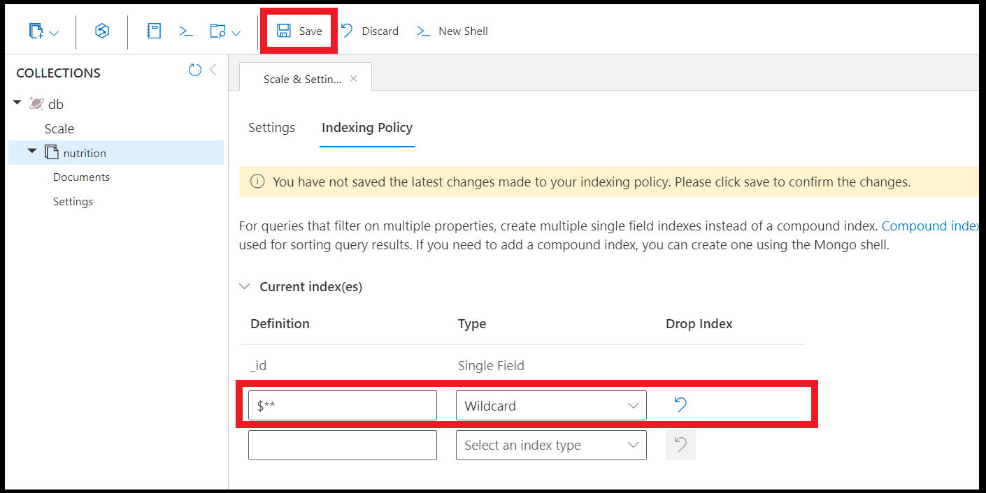 Hinzufügen eines Index mit Platzhalterzeichen im Editor für Indizierungsrichtlinien