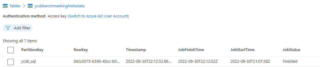 Screenshot der Tabelle ycsbbenchmarkingMetadata in einem Speicherkonto.