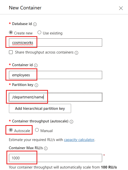 Screenshot des Dialogs zum Erstellen einer neuen Datenbank und eines Containers mit den angegebenen Optionen.