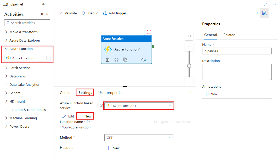 Zeigt die Benutzeroberfläche für eine Azure-Funktionsaktivität an.