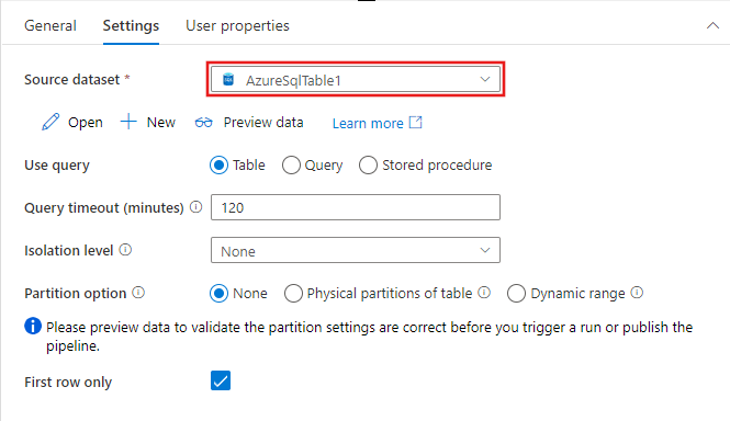 Konfigurationsoptionen der Lookup-Aktivität für ein Azure SQL-Tabellendataset.