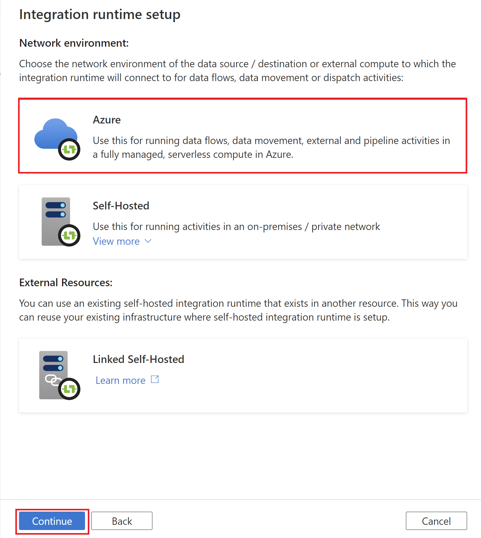 Screenshot des Erstellens einer neuen Integration Runtime in Azure