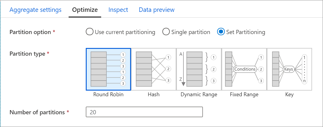 Screenshot der Registerkarte „Optimieren“ mit der Option „Partition“, dem Partitionstyp und der Anzahl von Partitionen