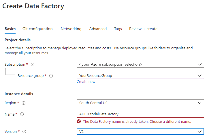 Fehlermeldung zu neuer Data Factory für doppelten Namen