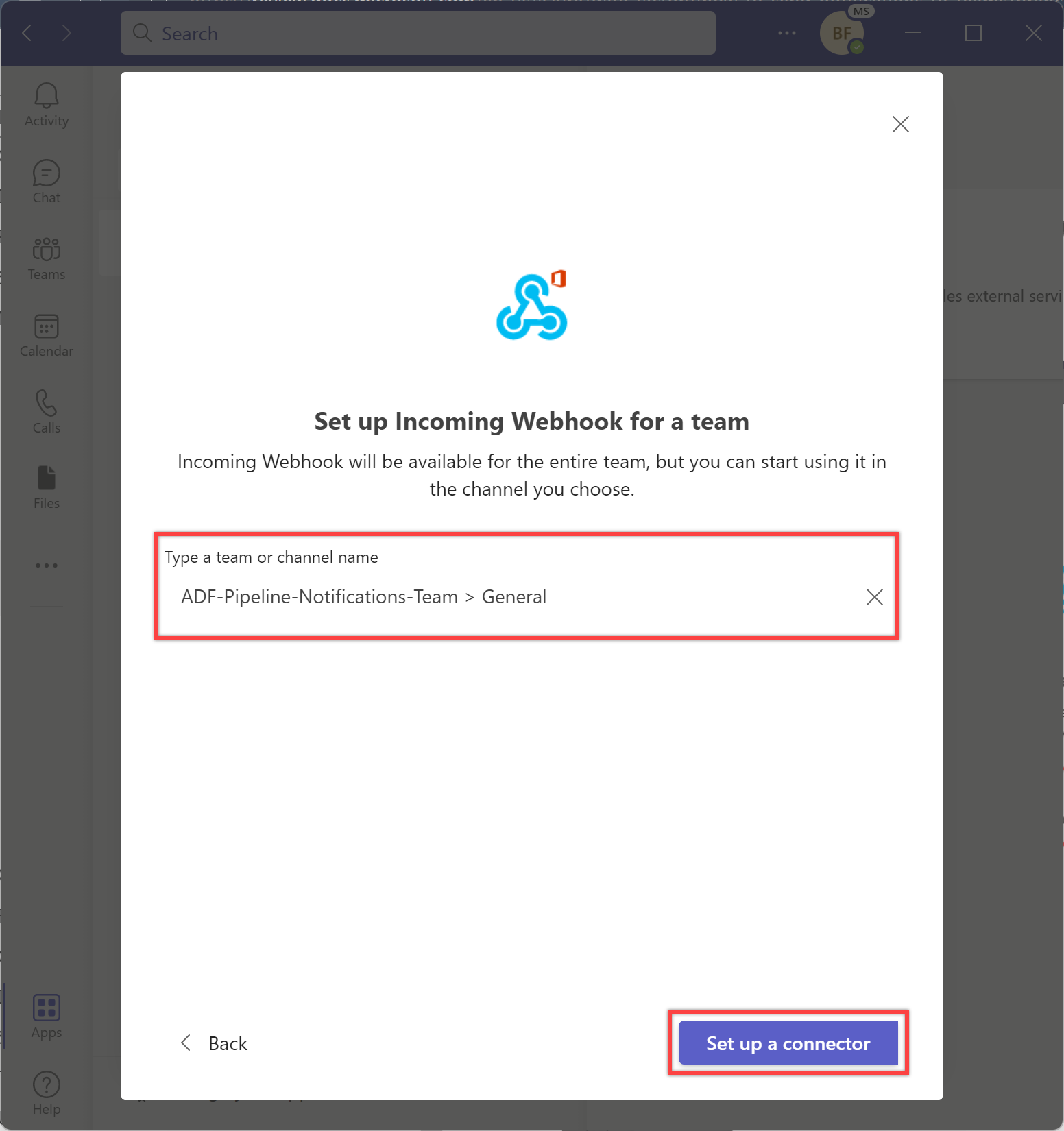 Abbildung der Aufforderung zur Teamauswahl im Konfigurationsdialogfeld für die eingehende Webhook-App in Teams Hervorgehoben sind das Team und die Schaltfläche „Connector einrichten“.