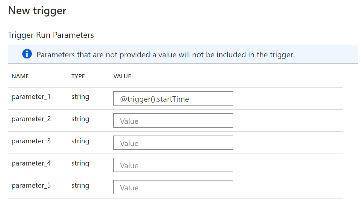 Screenshot der Seite „Trigger Run Parameters“, auf der gezeigt wird, wie Triggerinformationen an Pipelineparameter übergeben werden.