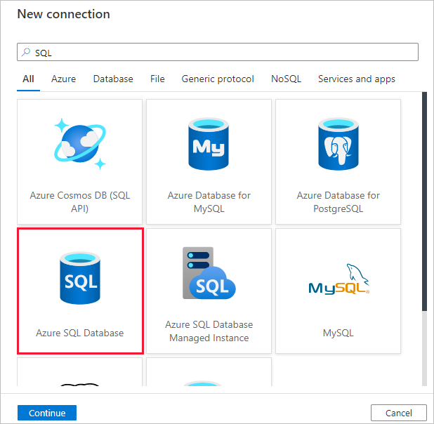 Auswählen der Azure SQL-Datenbank