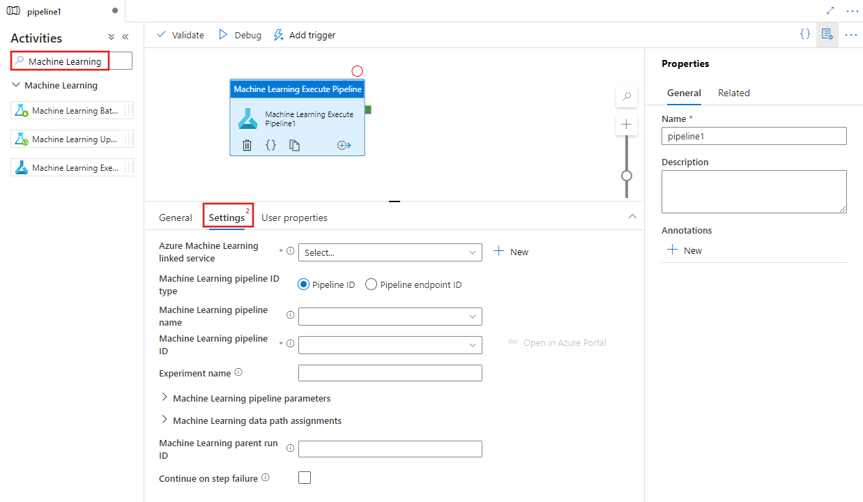 Zeigt die Benutzeroberfläche für eine Machine Learning Execute Pipeline-Aktivität an.