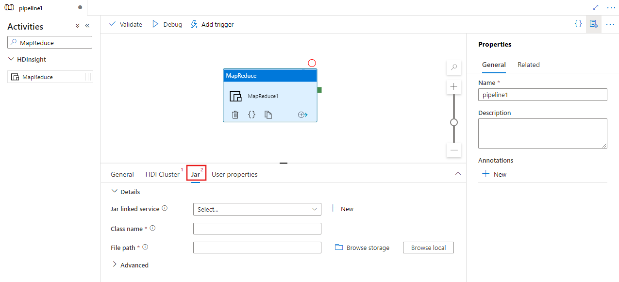 Benutzeroberfläche für die Registerkarte „JAR“ für eine MapReduce-Aktivität.