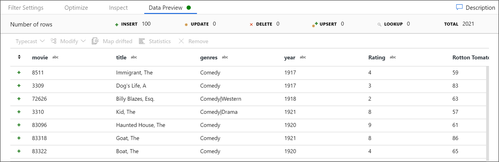 Screenshot, der die gefilterte Datenvorschau zeigt.