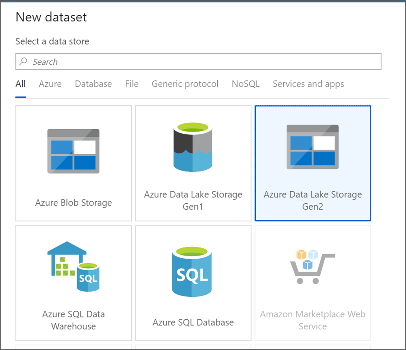 Screenshot, der zeigt, wo sich die Kachel „Azure Data Lake Storage Gen2“ befindet.