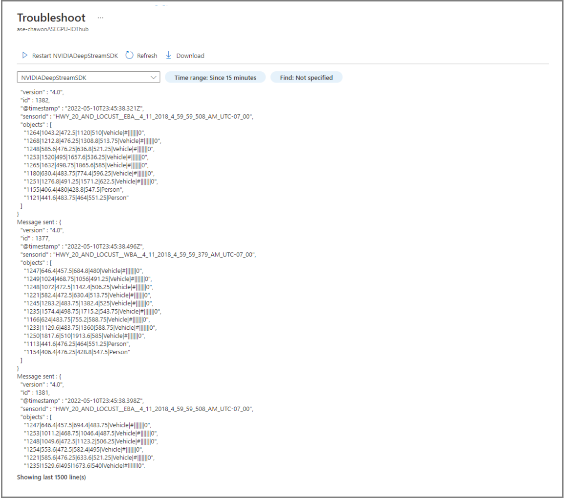 Screenshot des Azure-Portals: Ausgabe der NVIDIA DeepStream SDK-Protokolldatei.