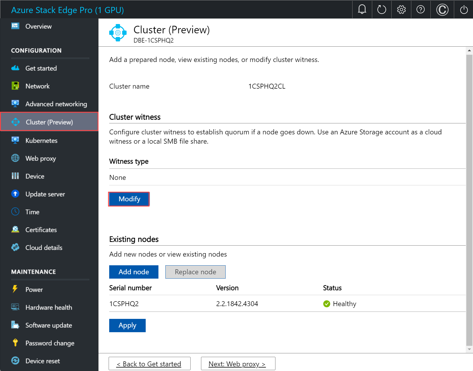 Screenshot of local web U I Cluster page with Modify option selected for Cluster witness on first node - 2.