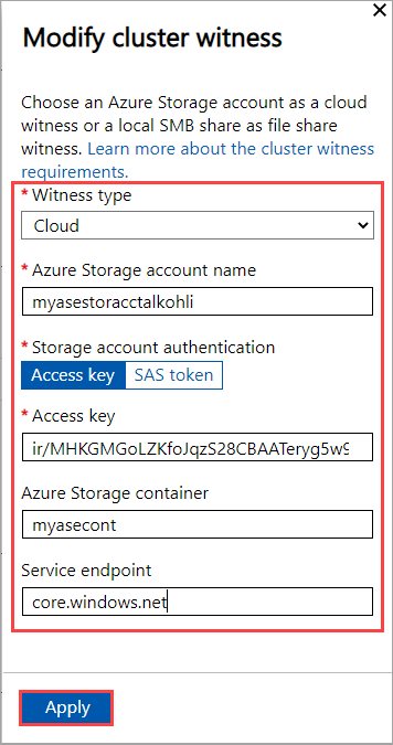 Screenshot of local web U I Cluster page with cloud witness type selected in the Modify cluster witness blade on first node.