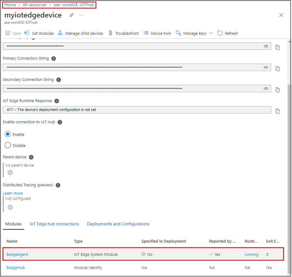 Screenshot des IoT Edge-Laufzeitstatus im Azure-Portal.