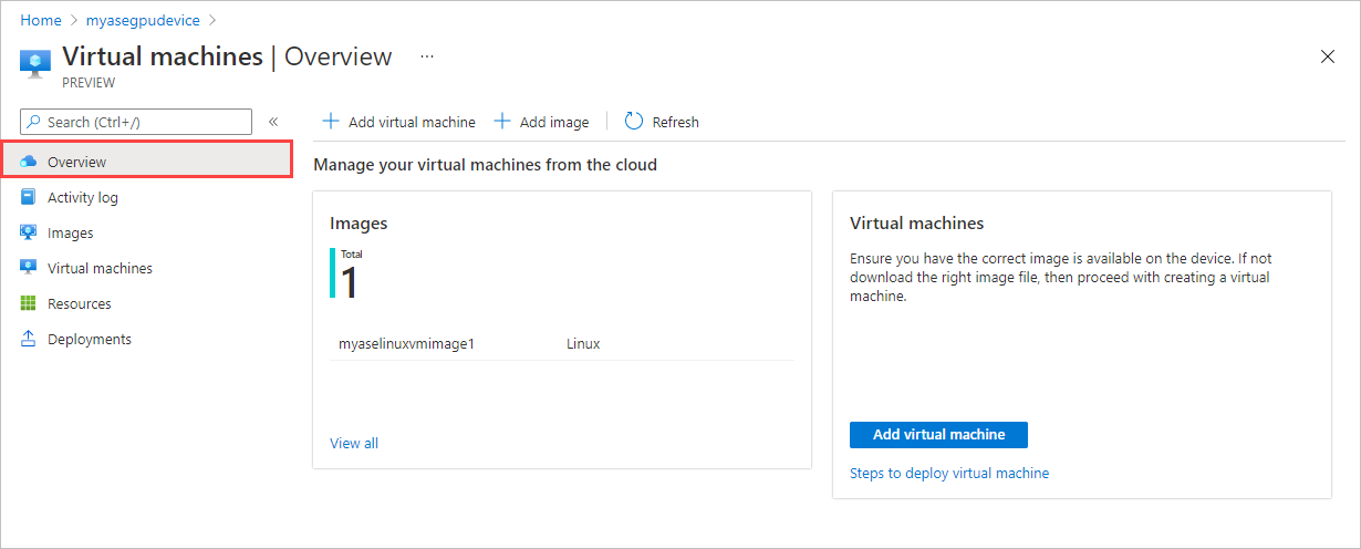 Screenshot: Bereich „Übersicht“ in der Ansicht „Virtuelle Computer“ für ein Azure Stack Edge-Gerät. Die Schaltfläche „Aktivieren“ für die Aktivierung der VM-Cloudverwaltung ist hervorgehoben.