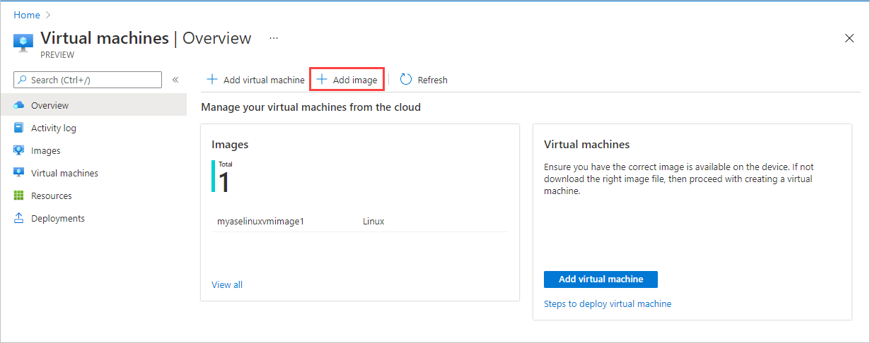 Screenshot des Bereichs „Übersicht“ für virtuelle Computer mit hervorgehobener Schaltfläche „Image hinzufügen“