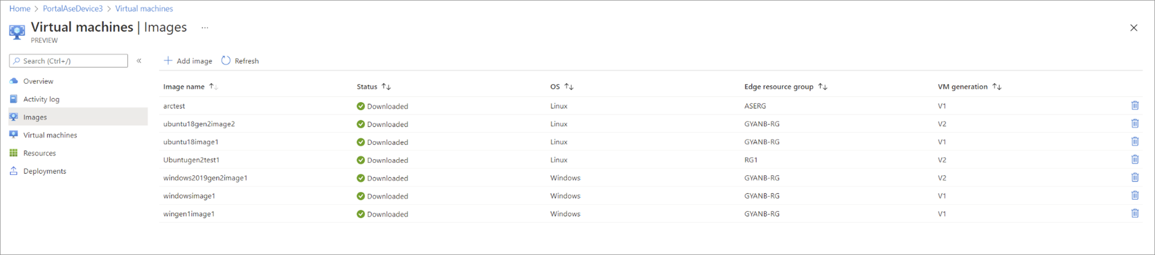 Screenshot: Bereich „Images“ in der Ansicht „virtuelle Computer“ eines Azure Stack Edge-Geräts.