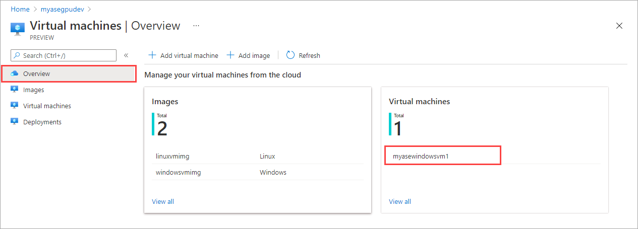 Screenshot: Ansicht „Übersicht“ für virtuelle Computer auf einem Azure Stack Edge-Gerät. Die Ein neuer virtueller Computer ist in der Liste hervorgehoben.