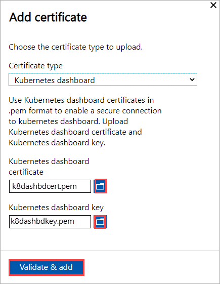 Screenshot: Bildschirm „Zertifikat hinzufügen“ beim Hinzufügen eines Kubernetes-Dashboardzertifikats zu einem Azure Stack Edge-Gerät. Die Schaltflächen „Durchsuchen“ für das Zertifikat und die Schlüsseldatei sind hervorgehoben.