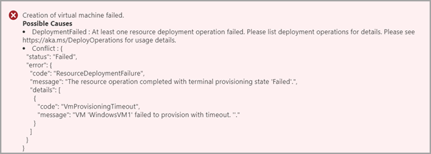 Screenshot: Im Azure-Portal angezeigter Fehler nach einem Timeout bei der VM-Bereitstellung in Azure Stack Edge.