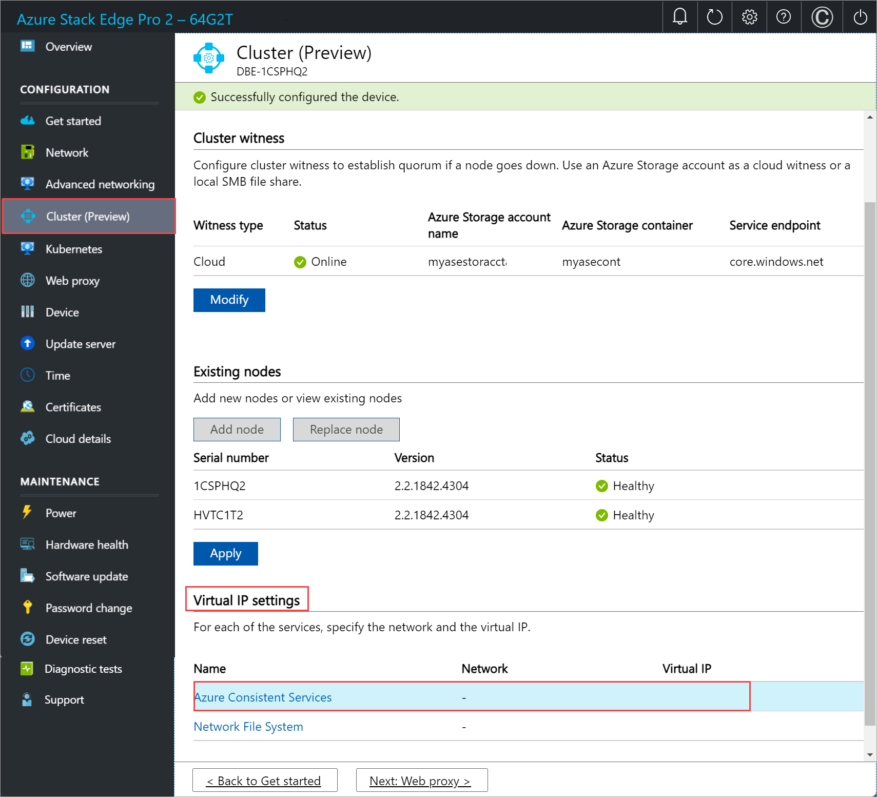 Screenshot der Seite „Cluster“ auf der lokalen Webbenutzeroberfläche mit ausgewählter Option „Azure-konsistente Dienste“ für „Virtuelle IP-Einstellungen“ auf dem ersten Knoten.