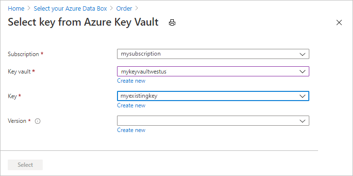 Auswählen eines vorhandenen Schlüssels aus Azure-Schlüsseltresor