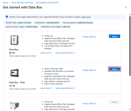 Screenshot, der den Ort in den Optionen von Data Box Disk die Schaltfläche „Auswählen“ zeigt.