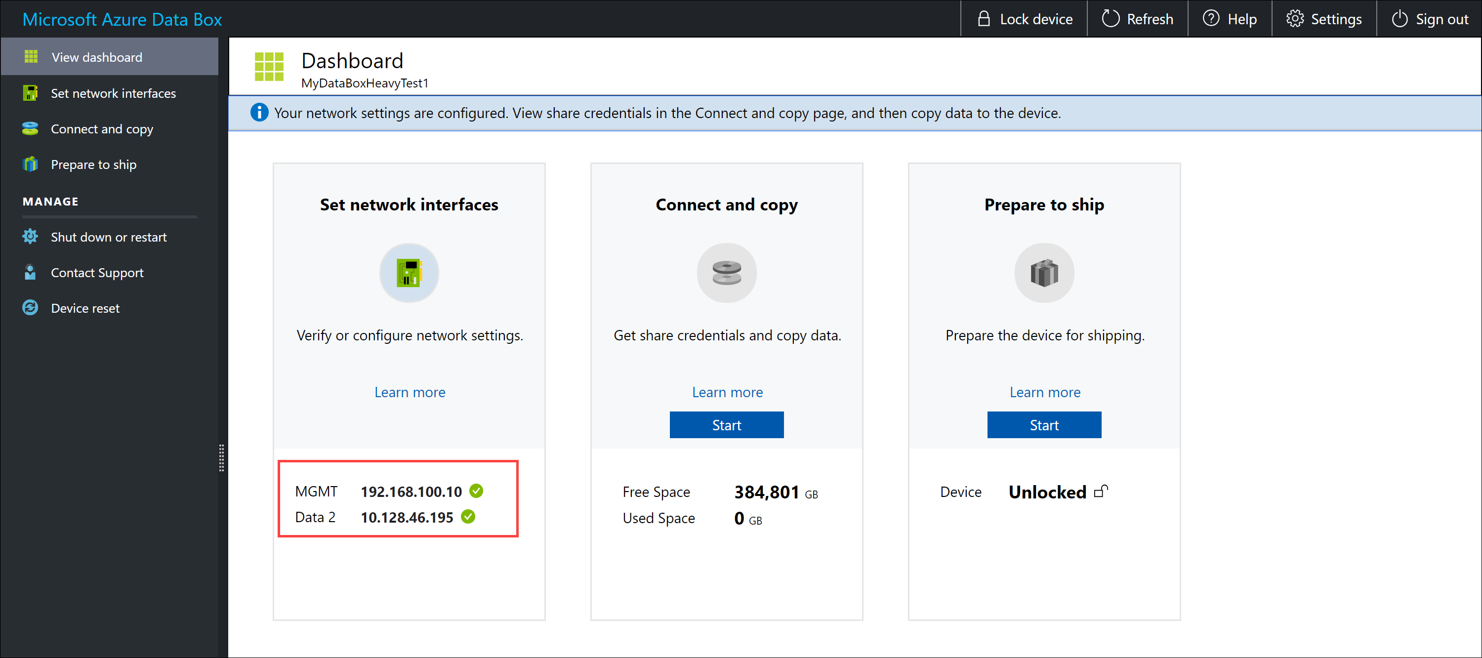 Screenshot: Data Box Heavy-Dashboard beim Konfigurieren von Knoten 1