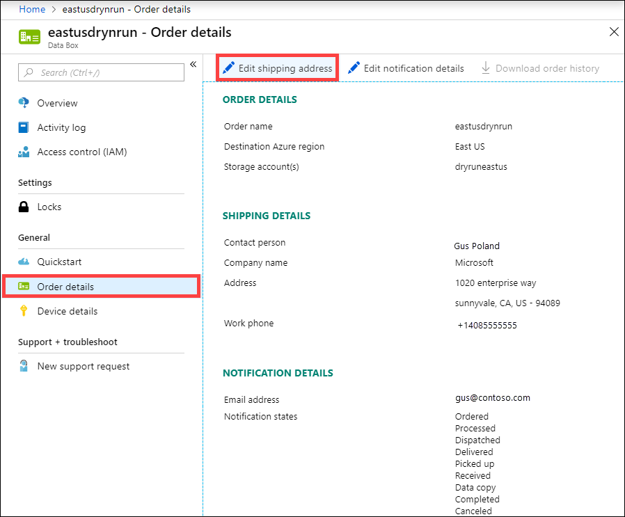 Befehl „Lieferadresse bearbeiten“ in „Auftragsdetails“