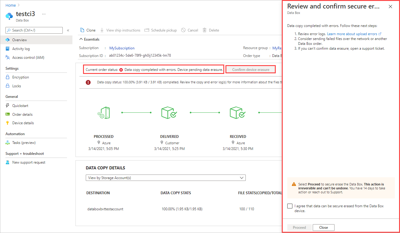 Screenshot: Data Box-Auftrag mit wiederholbaren Upload-Fehlern. SAGEN, WAS HERVORGEHOBEN IST.