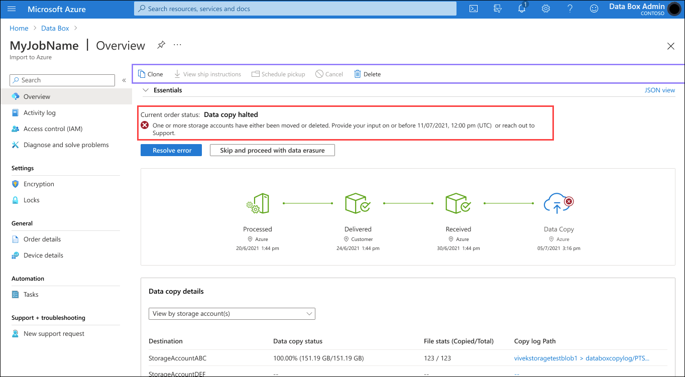 Screenshot: Data Box-Auftrag mit wiederholbaren Upload-Fehlern. Der Status und die Benachrichtigung „Datenkopierung angehalten“ sind hervorgehoben.