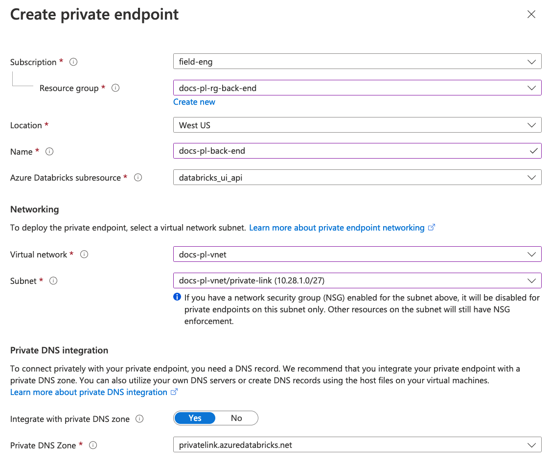 Azure-Portal: Blatt zum Erstellen eines privaten Endpunkts