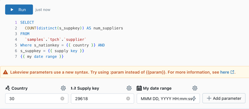 Eine neu konvertierte Datasetabfrage mit Parametern in der Syntax mit geschweiften Klammern und einer Warnmeldung