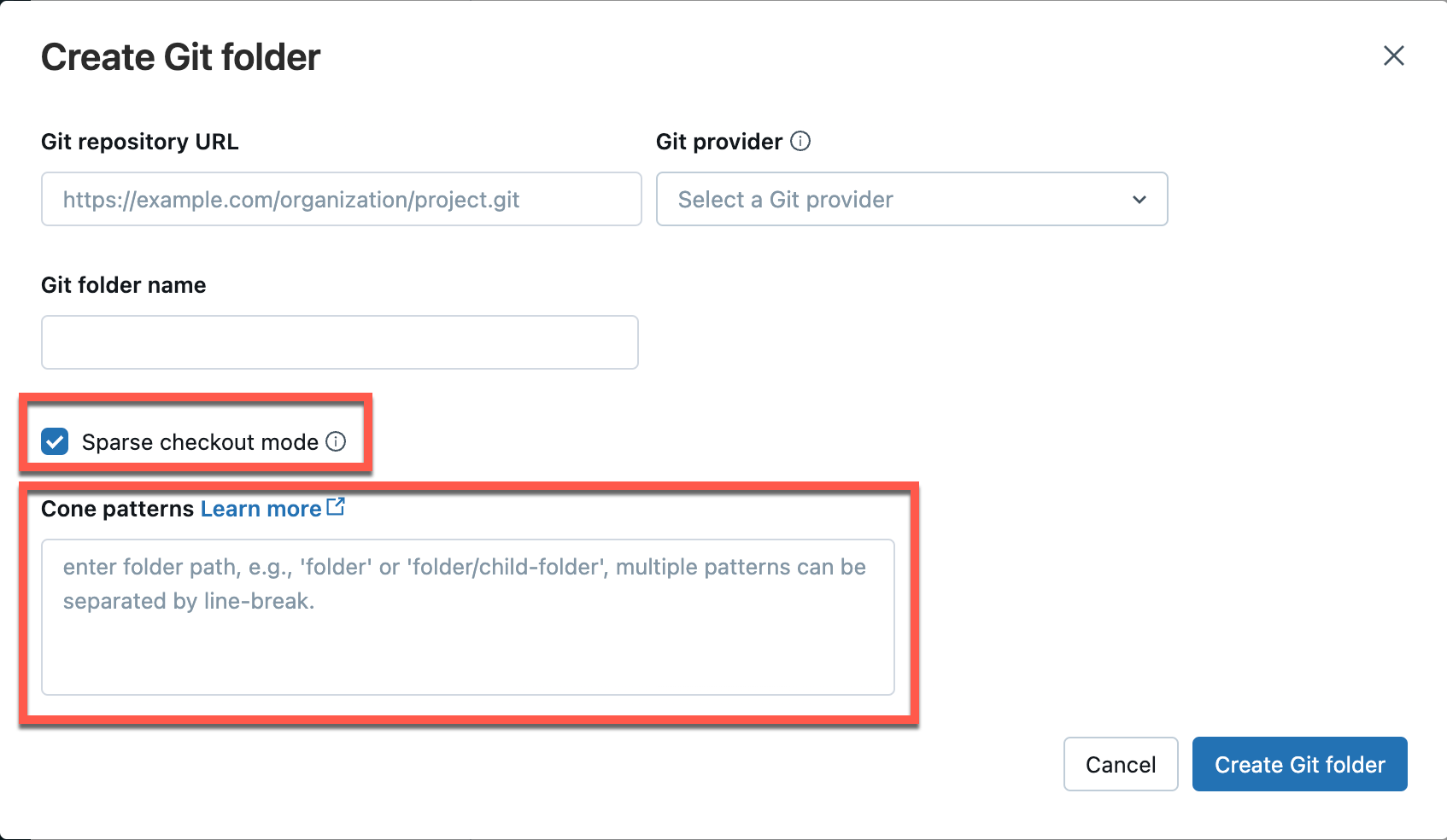 Option „Sparse Checkout“ im Dialogfeld „Git-Ordner hinzufügen“.