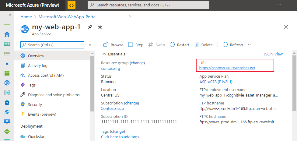 Zeigen Sie Ihren HTTP-Endpunkt auf der Übersichtsseite des Diensts im Azure-Portal an.