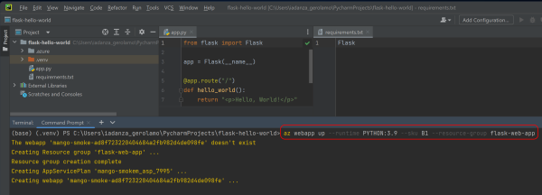 Ein Screenshot der PyCharm IDE mit einem Azure CLI-Befehl, der eine Web-App bereitstellt.