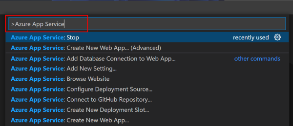 Ein Screenshot der Visual Studio Code-Befehlspalette für App Service.
