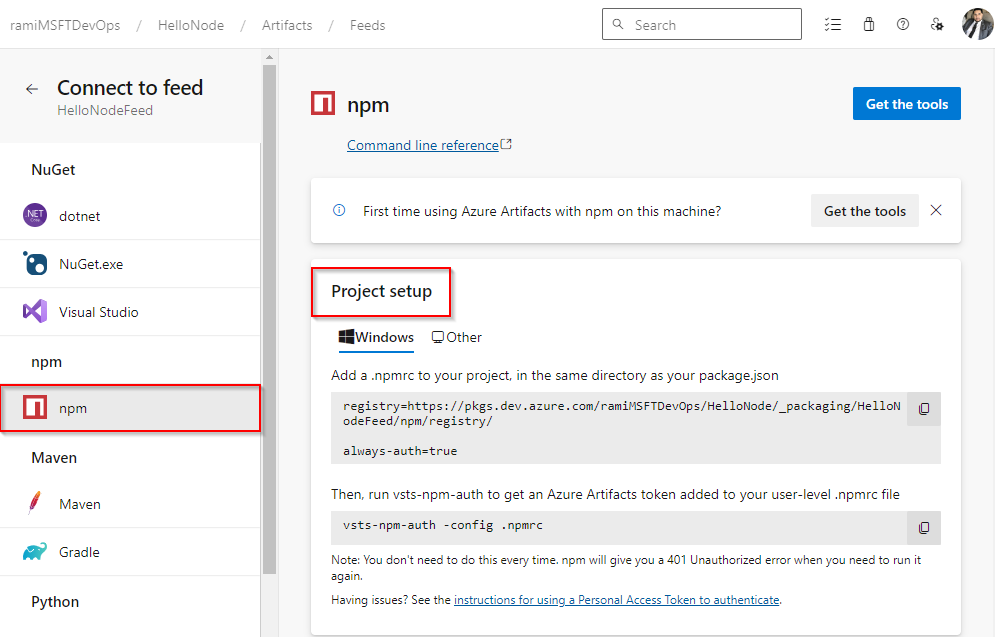 Screenshot, der zeigt, wie Sie ein npm-Projekt einrichten und eine Verbindung mit einem Azure Artifacts-Feed in Azure DevOps Services herstellen.