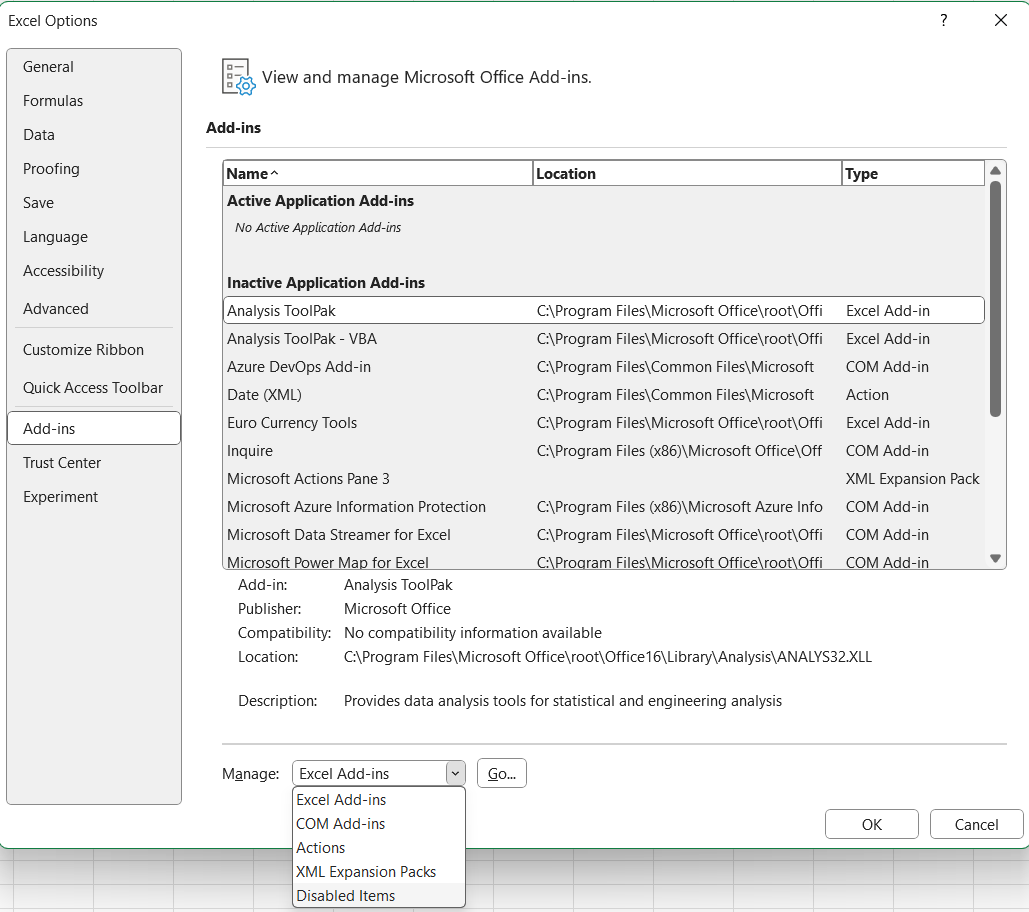 Screenshot der Excel-Optionen, Add-Ins, „Deaktivierte Elemente auswählen“.