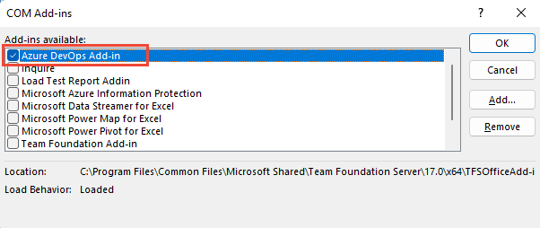 Screenshot: Dialogfeld „COM-Add-Ins“, „Team Foundation-Add-In“ aktiviert.