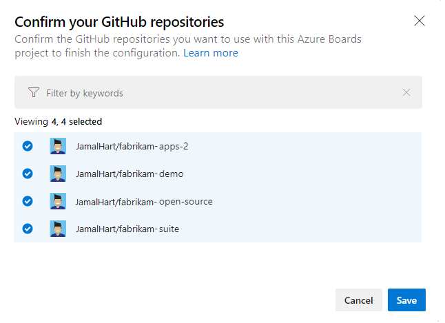 Screenshot: Dialogfeld zum Bestätigen der GitHub-Repositorys