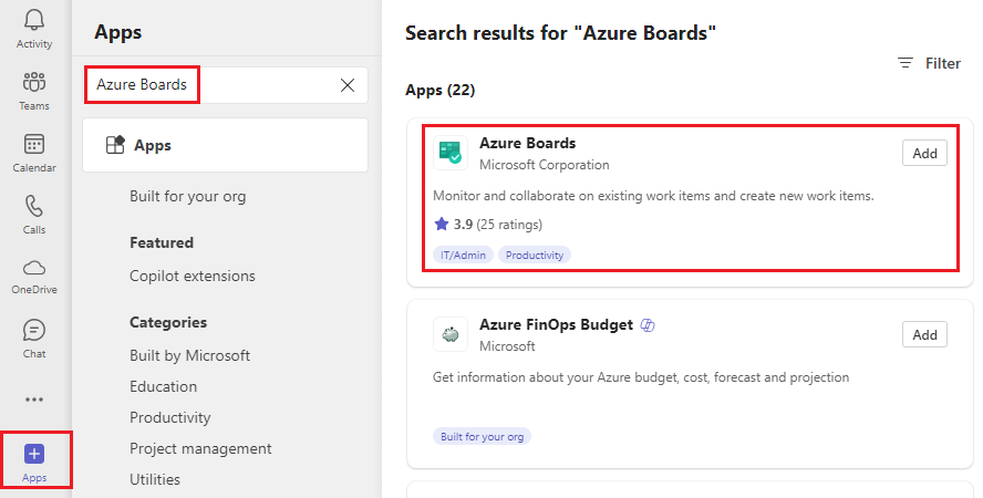 Screenshot der Auswahl von Apps, dann Azure Boards.