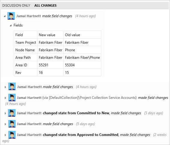 Screenshot des Arbeitselementformulars in Team Explorer: Registerkarte „Verlauf“.