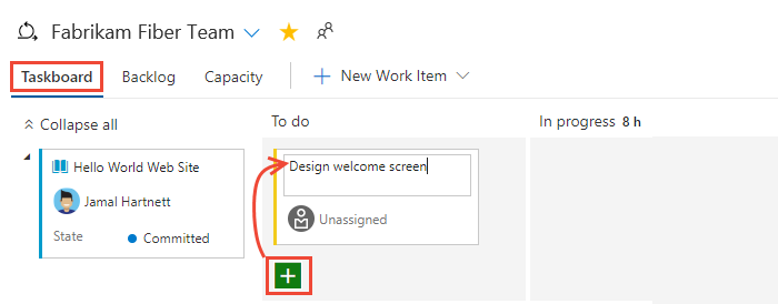 Screenshot: Hinzufügen einer Aufgabe über das Taskboard