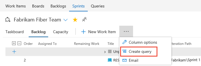 Auswählen von „Abfrage erstellen“ im Sprint-Backlog