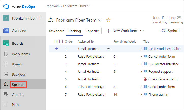 Screenshot: Webportal, Boards öffnen, Sprints, Backlog.