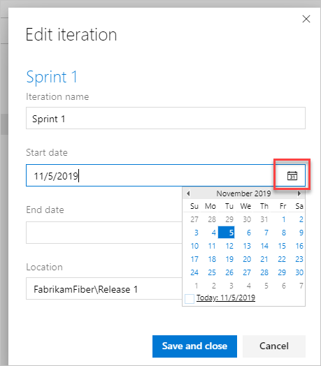 Screenshot der Iterationsseite und des Kalendersymbols zum Auswählen neuer Datumsangaben.